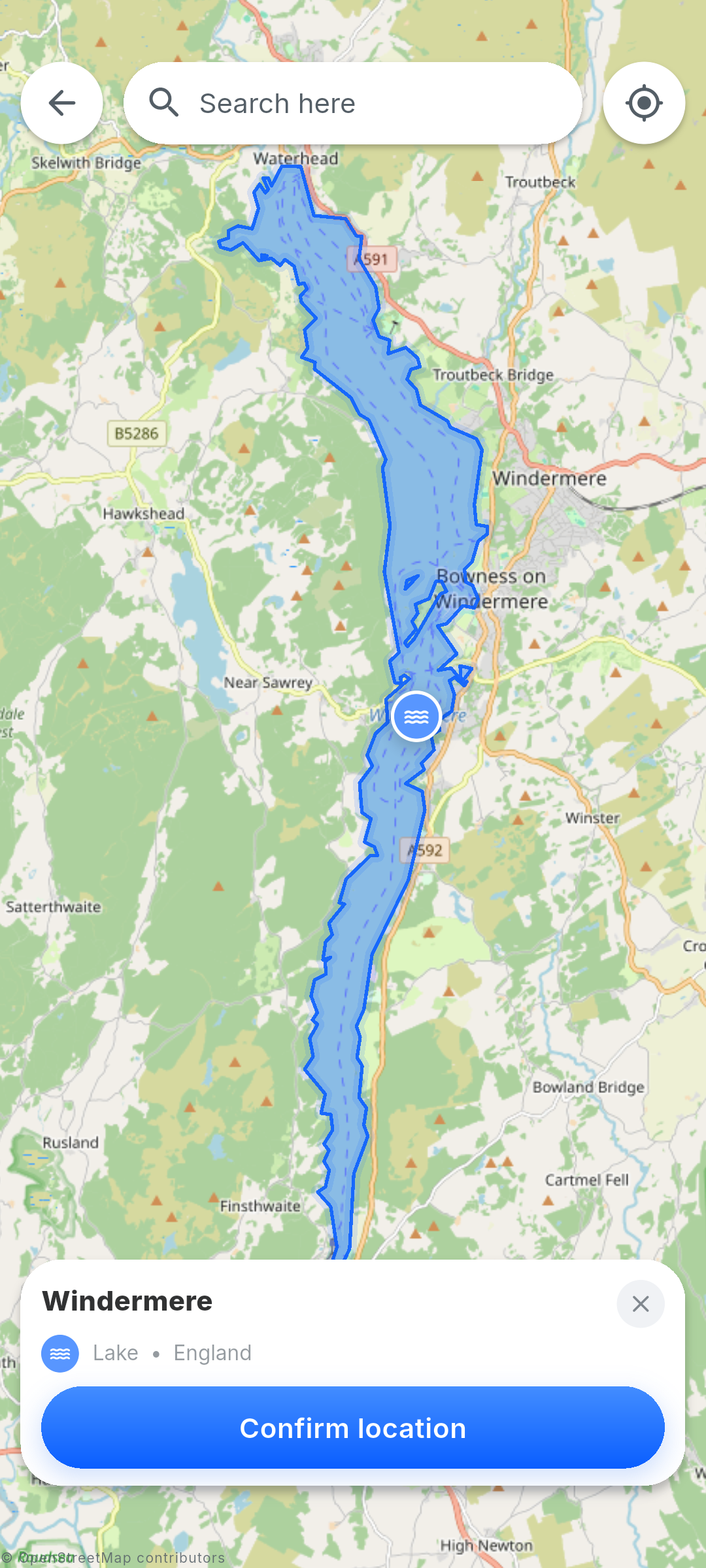 Choosing Windermere on the BiteRadar map