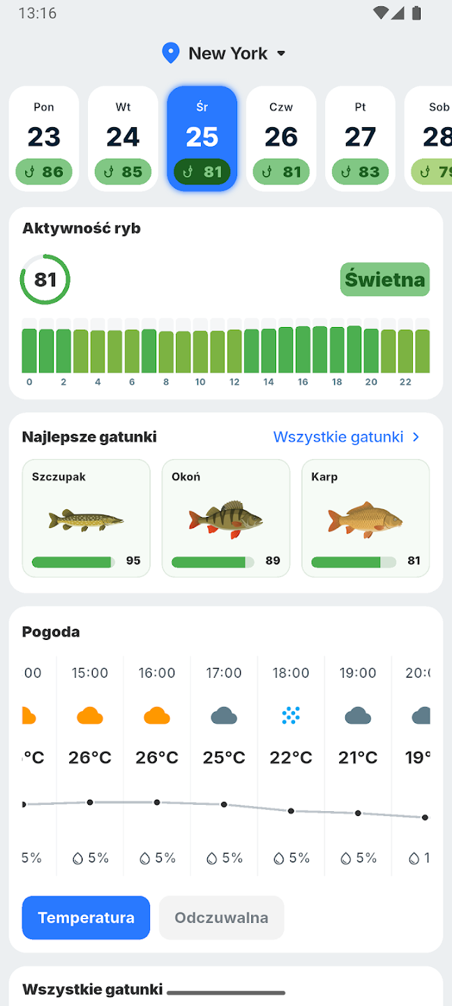 BiteRadar app home screen showing bite forecast